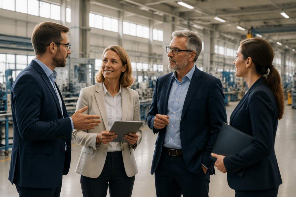 Quatre professionnels discutant dans une usine moderne