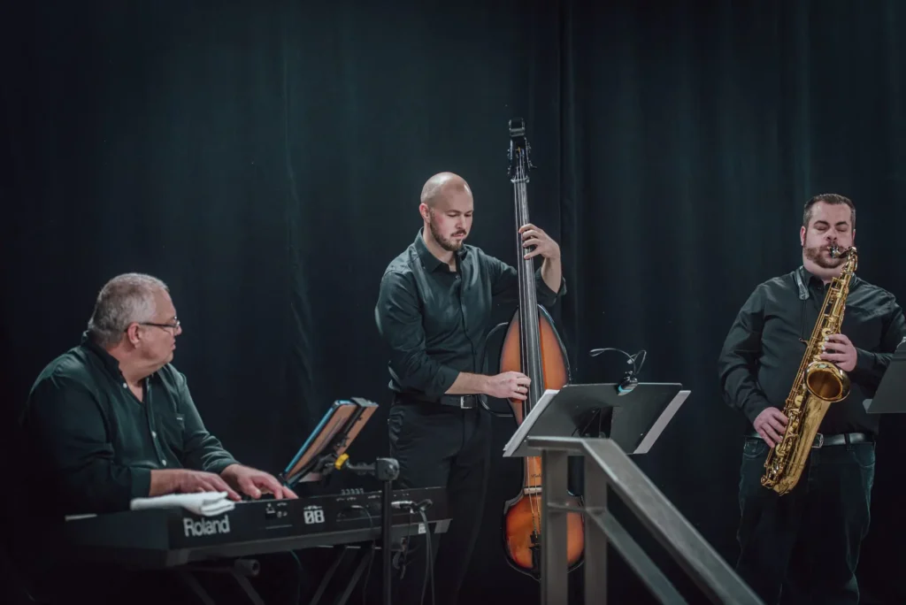 Trio de jazz sur scène en concert
