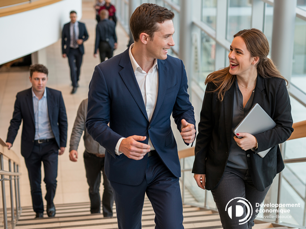 Professionnels souriants montant des escaliers de bureau
